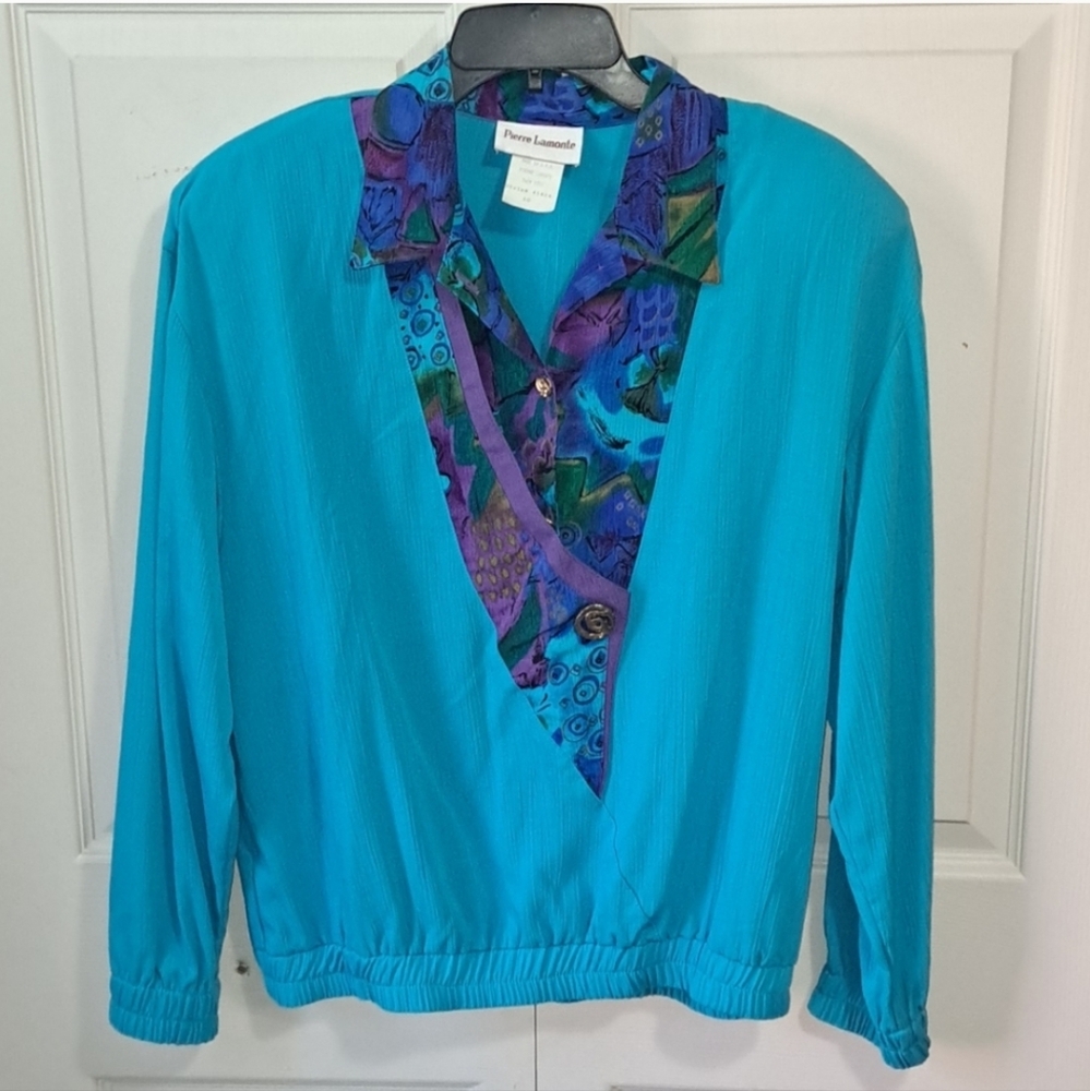 Vintage Pierre Lamonte Teal Turquoise Long Sleeve V Neck Blouse-10